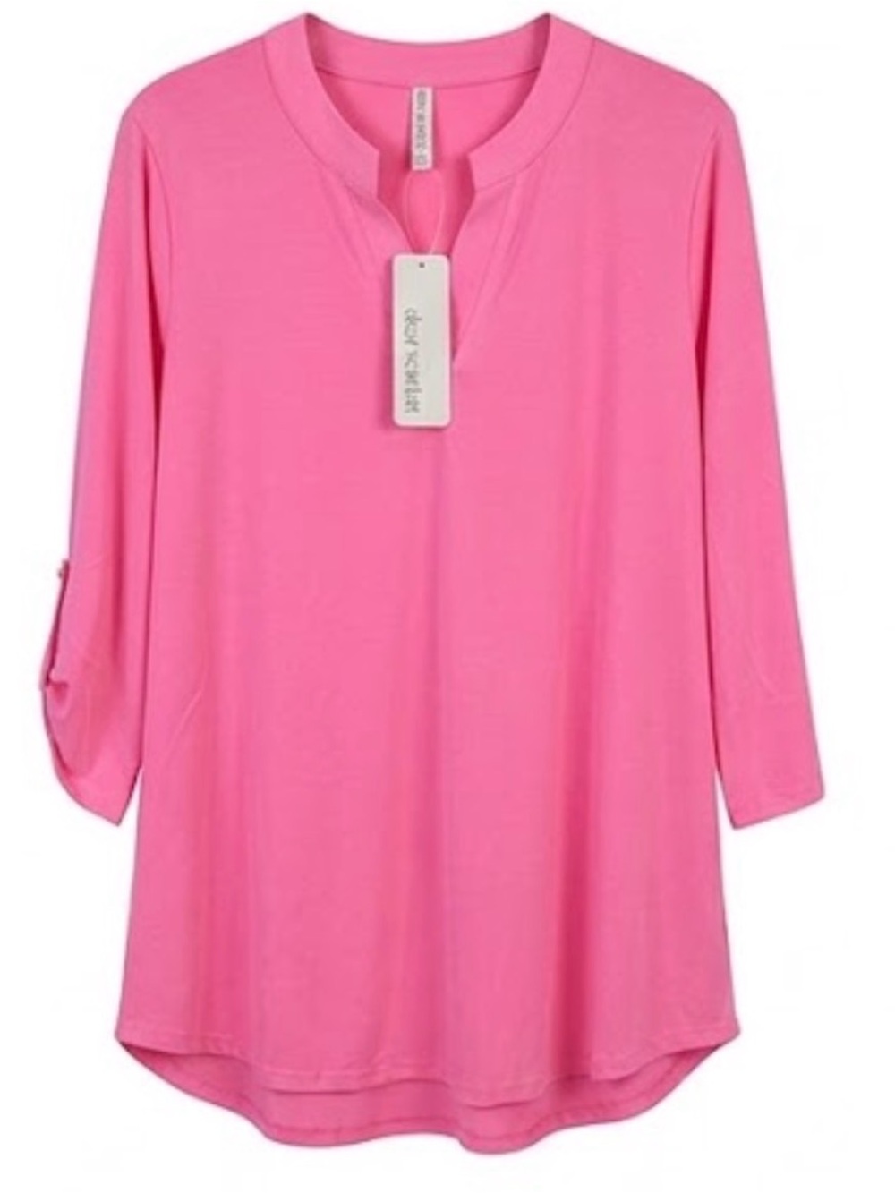 Dear Scarlett Boutique Brand Relaxed Pink Split-Neck 3/4 Sleeve Tunic